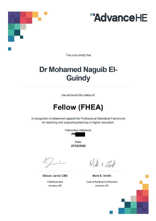 Dr. Mohamed El Guindy Awarded Fellowship of the Higher Education Academy (FHEA)